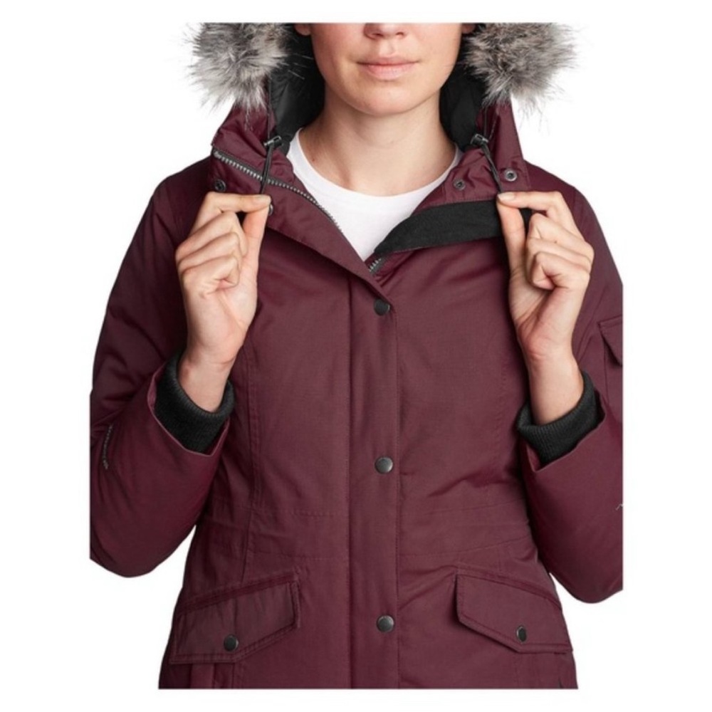 EDDIE BAUER Superior III Down Parka with Faux Fur Hood Dark Berry Small - Picture 2 of 10
